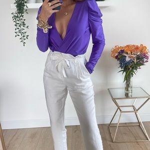 Satin metallic purple long sleeve body suit